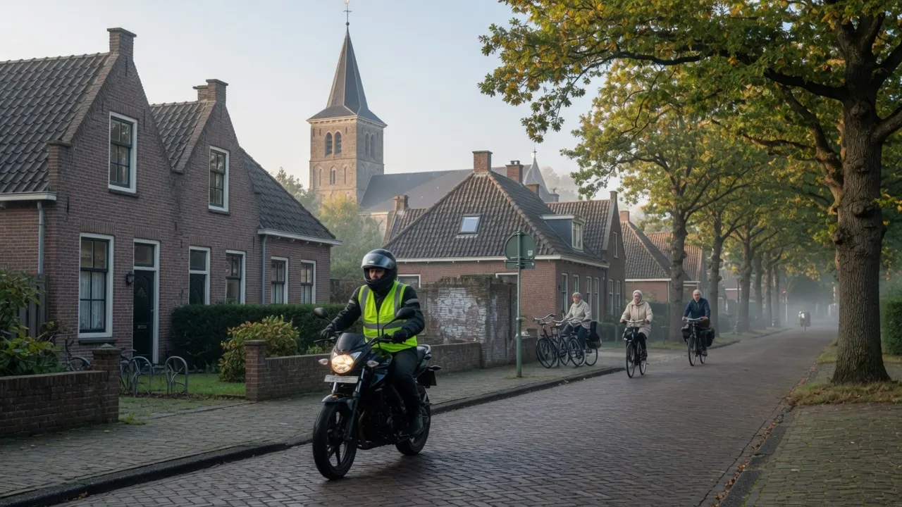 Motorrijder in een dorpsstraat met bakstenen huizen