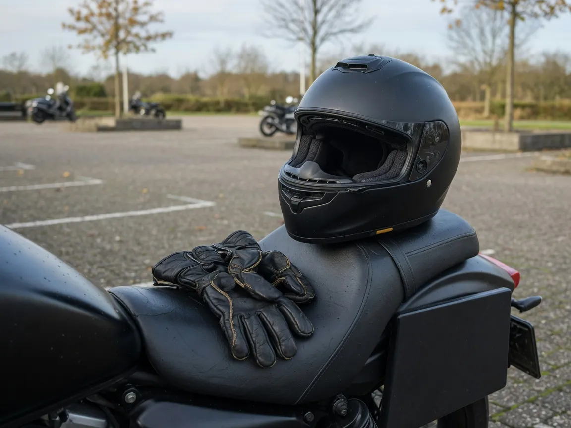 Motorhelm en handschoenen op het zadel van een lesmotor