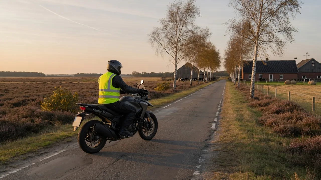 Motorrijder op een landweg door het Drentse platteland